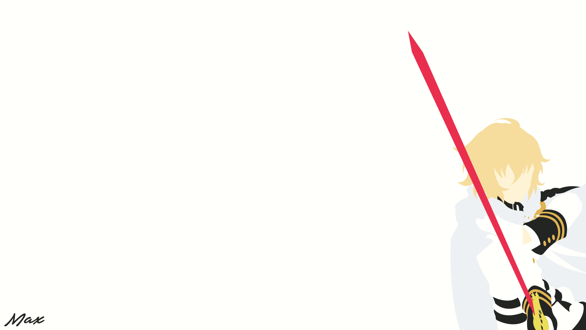 Minimalist 8K Ultra HD PC desktop wallpaper featuring Mikaela Hyakuya from the anime Seraph of the End, holding a glowing red sword against a white background.