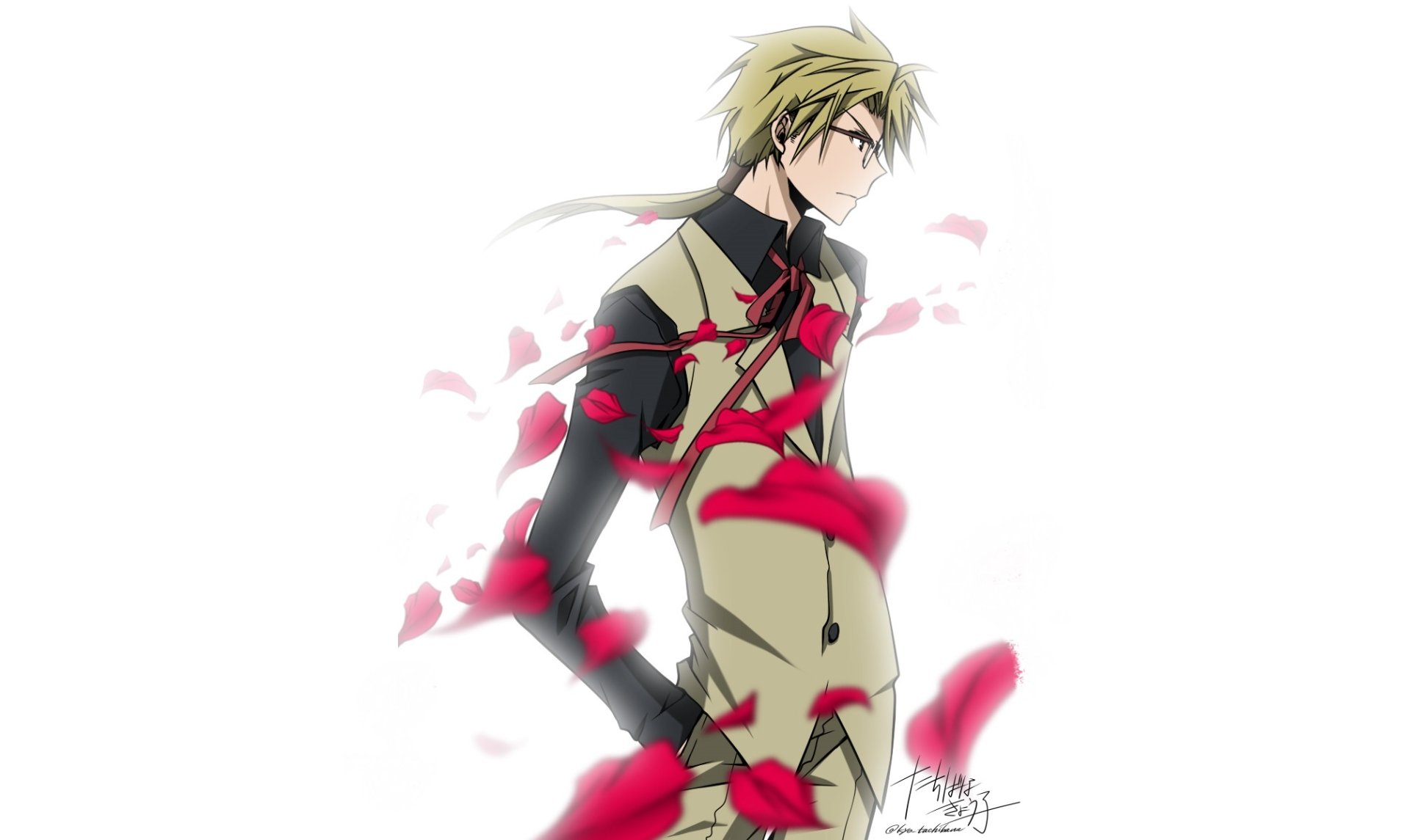 HD PC desktop wallpaper of a blond, glasses-wearing character from the anime Bungou Stray Dogs, shown in profile with red petals swirling around his beige-and-black outfit.
