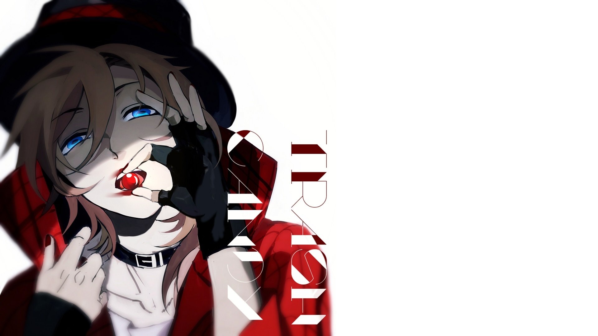Anime HD PC desktop wallpaper featuring a close-up of a character from Bungou Stray Dogs with striking blue eyes and a red and black outfit against a white background.