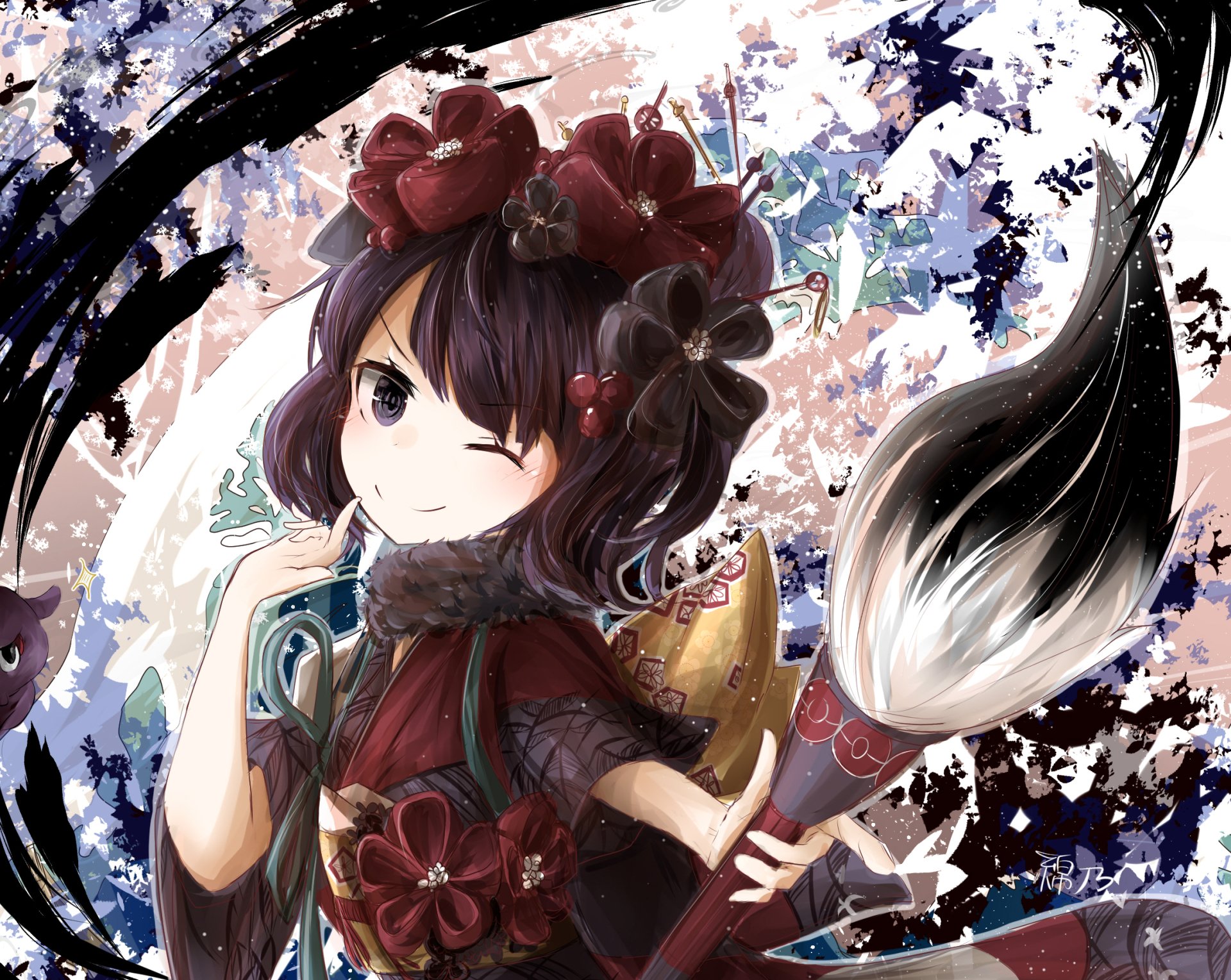 HD PC desktop wallpaper featuring Katsushika Hokusai from Fate/Grand Order as Foreigner class, styled in colorful anime art with dynamic brush strokes.
