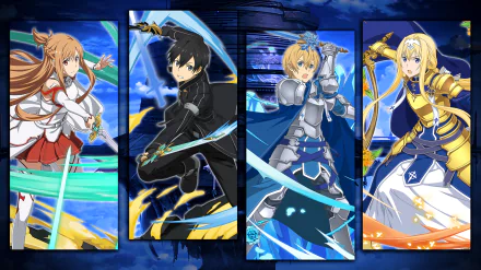 HD desktop wallpaper featuring Alice Zuberg, Eugeo, Asuna Yuuki, and Kirito from Sword Art Online: Alicization and Sword Art Online: Memory Defrag in dynamic action poses.