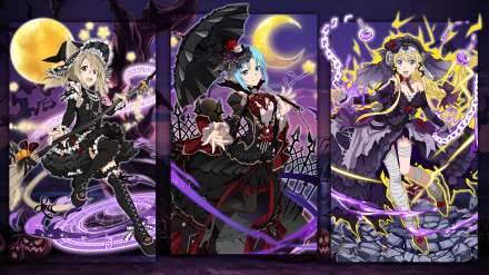 Three anime characters dressed in Halloween-themed outfits from Sword Art Online: Memory Defrag, set against a spooky background with a full moon and colorful magical effects.
