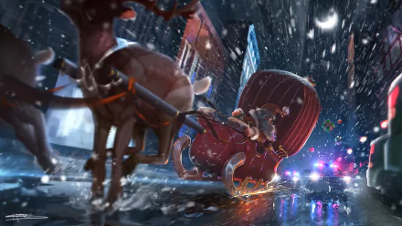 HD PC desktop wallpaper: Santa in a red sleigh pulled by reindeer racing through rainy city streets past flashing police lights — a festive holiday/Christmas scene.