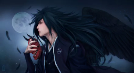 A captivating HD desktop wallpaper featuring Madara Uchiha from the anime Naruto, set against a moonlit sky. His long hair flows in the wind as he holds a mask, with dark wings extending behind him.