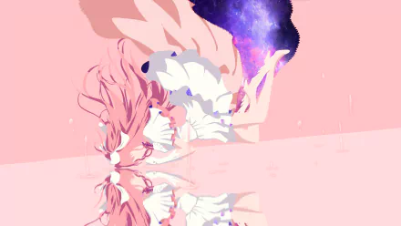 HD PC desktop wallpaper of Ultimate Madoka (Madoka Kaname) from the anime Puella Magi Madoka Magica — mirrored pink composition, flowing hair and ribbons with a cosmic purple aura.
