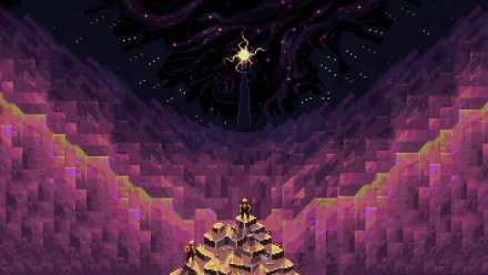 HD desktop wallpaper featuring 8-bit pixel art of a contemplative figure standing before a mountainous landscape under a starry sky.