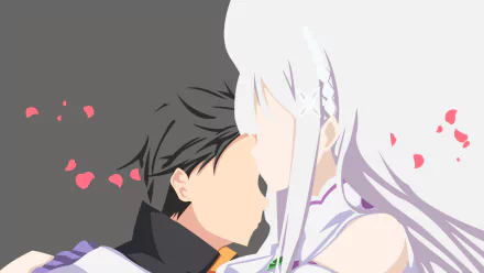 HD anime wallpaper featuring Emilia and Subaru Natsuki from Re:Zero - Starting Life in Another World, with a minimalistic design and scattered pink petals.