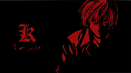 HD desktop wallpaper featuring Light Yagami from the anime Death Note as Kira. The dark background contrasts with his red-highlighted silhouette and the phrase I am justice beside a stylized K.