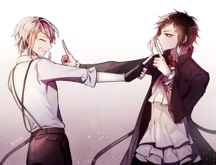 HD anime desktop wallpaper featuring Atsushi Nakajima and Ryūnosuke Akutagawa from Bungou Stray Dogs in a dynamic, tense pose.