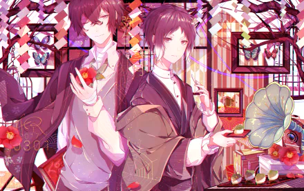 HD anime desktop wallpaper featuring Ryūnosuke Akutagawa and Osamu Dazai from Bungou Stray Dogs with vibrant colors and artistic background elements.