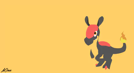 Minimalist anime-style Raptorch (Pokémon) with red crest and tail flame on a warm yellow background — 8K Ultra HD PC desktop wallpaper.