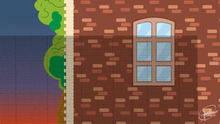 A vibrant artistic depiction of a building featuring a textured brick wall, framed window, and lush greenery, serving as an engaging HD desktop wallpaper or background.