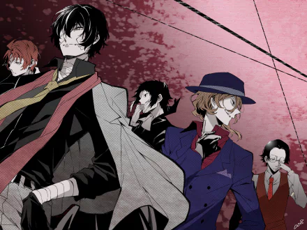 HD PC desktop wallpaper of anime characters from Bungou Stray Dogs, featuring a dynamic group pose against a pink and black background.