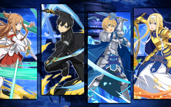 HD desktop wallpaper featuring Alice Zuberg, Eugeo, Asuna Yuuki, and Kirito from Sword Art Online: Alicization and Sword Art Online: Memory Defrag in dynamic action poses.