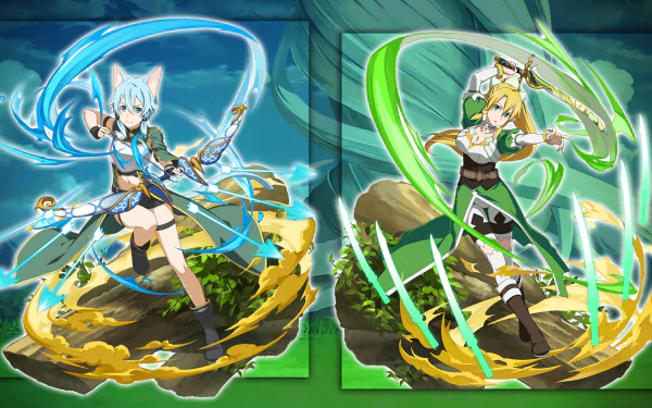 HD PC wallpaper featuring Leafa (Shino Asada) from Sword Art Online: Memory Defrag in dynamic anime action poses with glowing swords and magical effects.