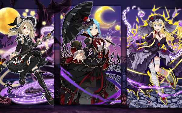 Three anime characters dressed in Halloween-themed outfits from Sword Art Online: Memory Defrag, set against a spooky background with a full moon and colorful magical effects.