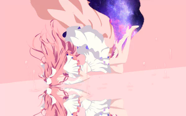 HD PC desktop wallpaper of Ultimate Madoka (Madoka Kaname) from the anime Puella Magi Madoka Magica — mirrored pink composition, flowing hair and ribbons with a cosmic purple aura.