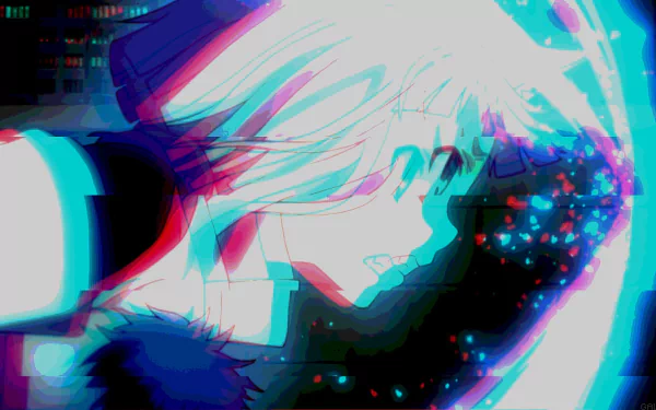 Aesthetic 4K Ultra HD anime wallpaper featuring a glitch-effect close-up of a Tokyo Ravens character with vibrant blue and pink hues.