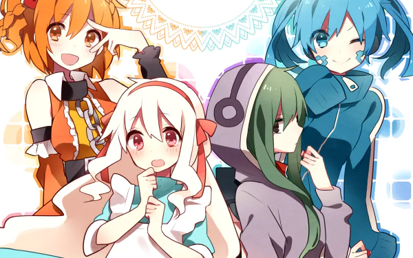 HD PC desktop wallpaper of Takane 'Ene' Enomoto, Marry Kozakura, Momo Kisaragi and Tsubomi Kido — colorful, cheerful anime group from Kagerou Project.