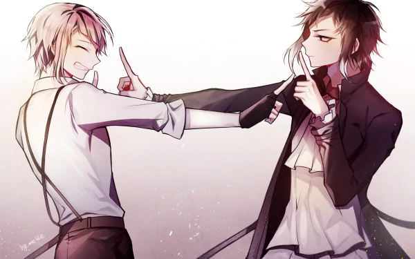 HD anime desktop wallpaper featuring Atsushi Nakajima and Ryūnosuke Akutagawa from Bungou Stray Dogs in a dynamic, tense pose.