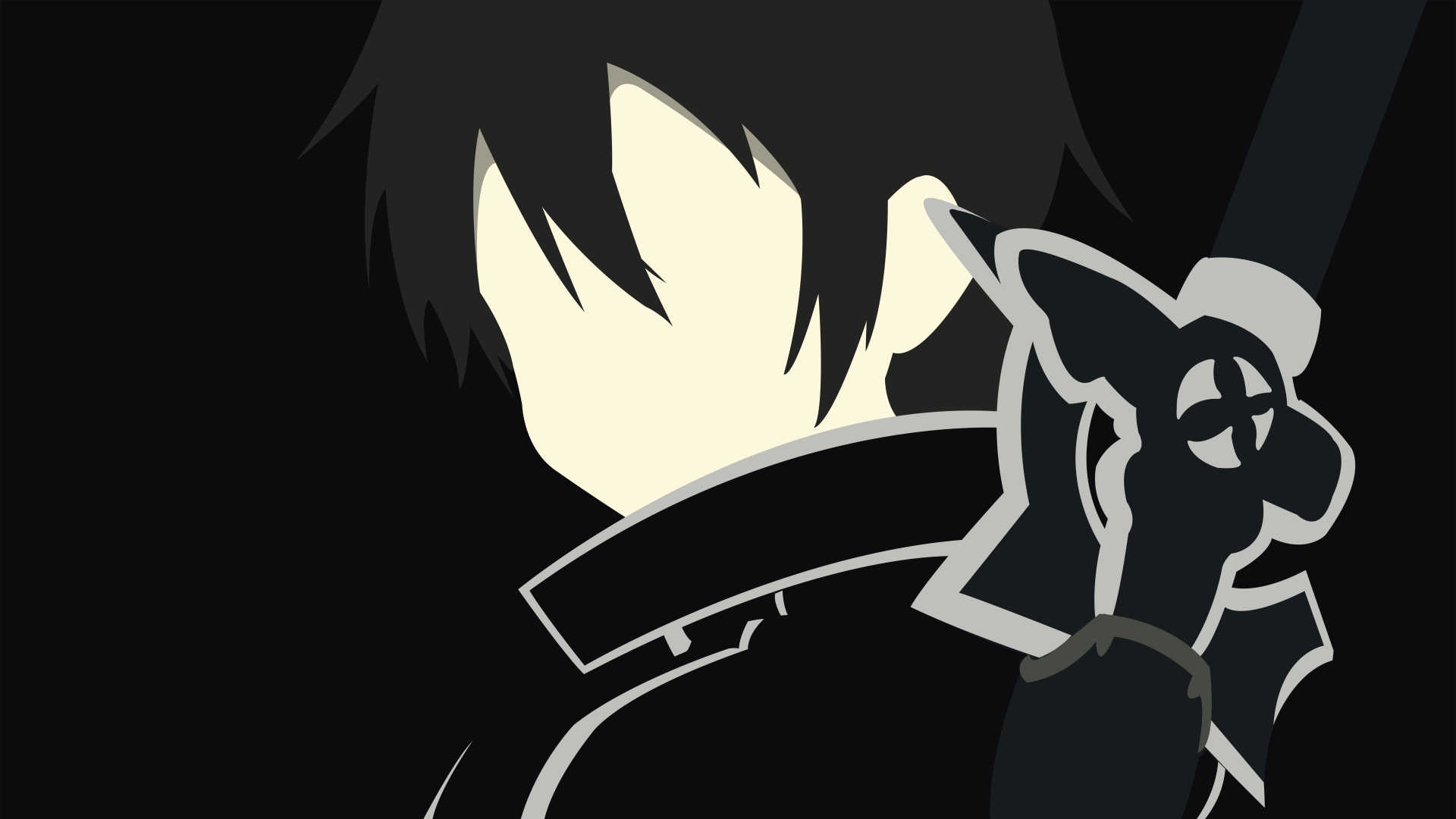 Minimalist 8K Ultra HD anime wallpaper featuring Kazuto Kirigaya (Kirito) from Sword Art Online with a dark background and stylized sword details.