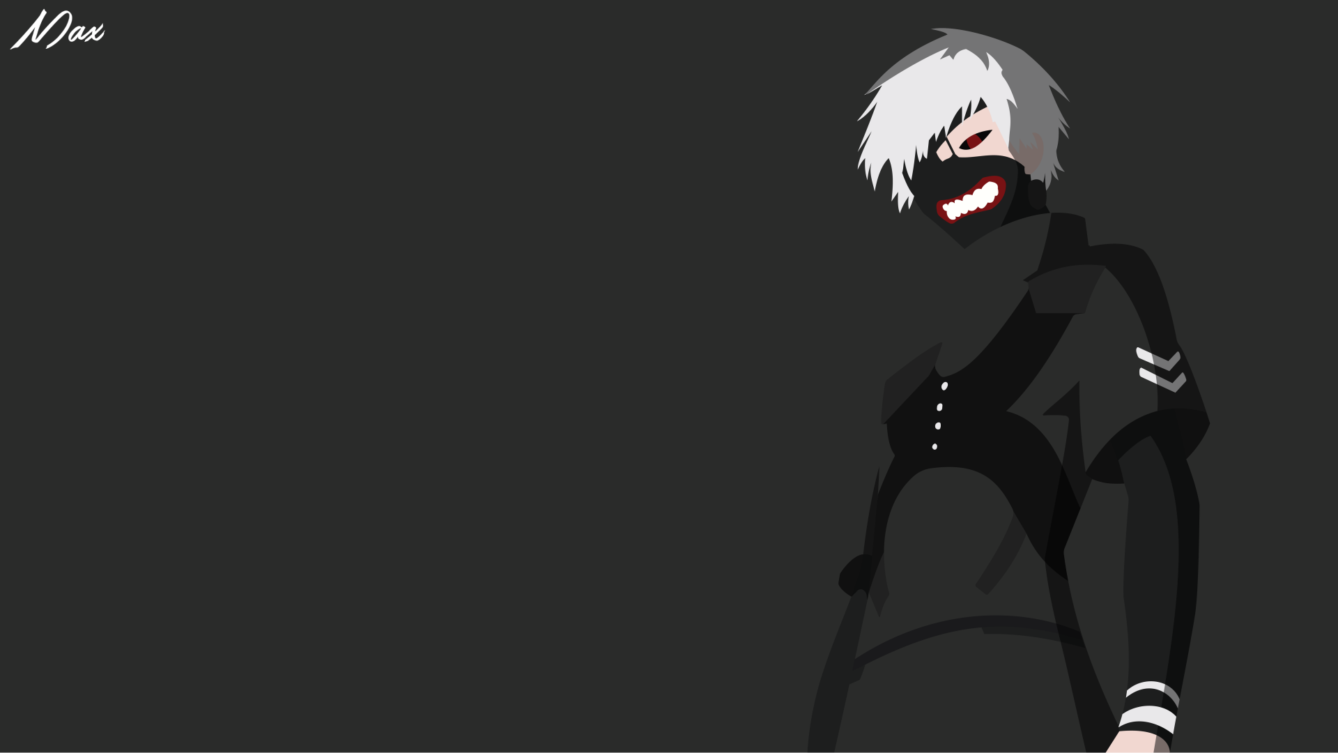 8K Ultra HD anime wallpaper featuring Ken Kaneki from Tokyo Ghoul in a dark, minimalist style with his iconic mask and white hair set against a black background.