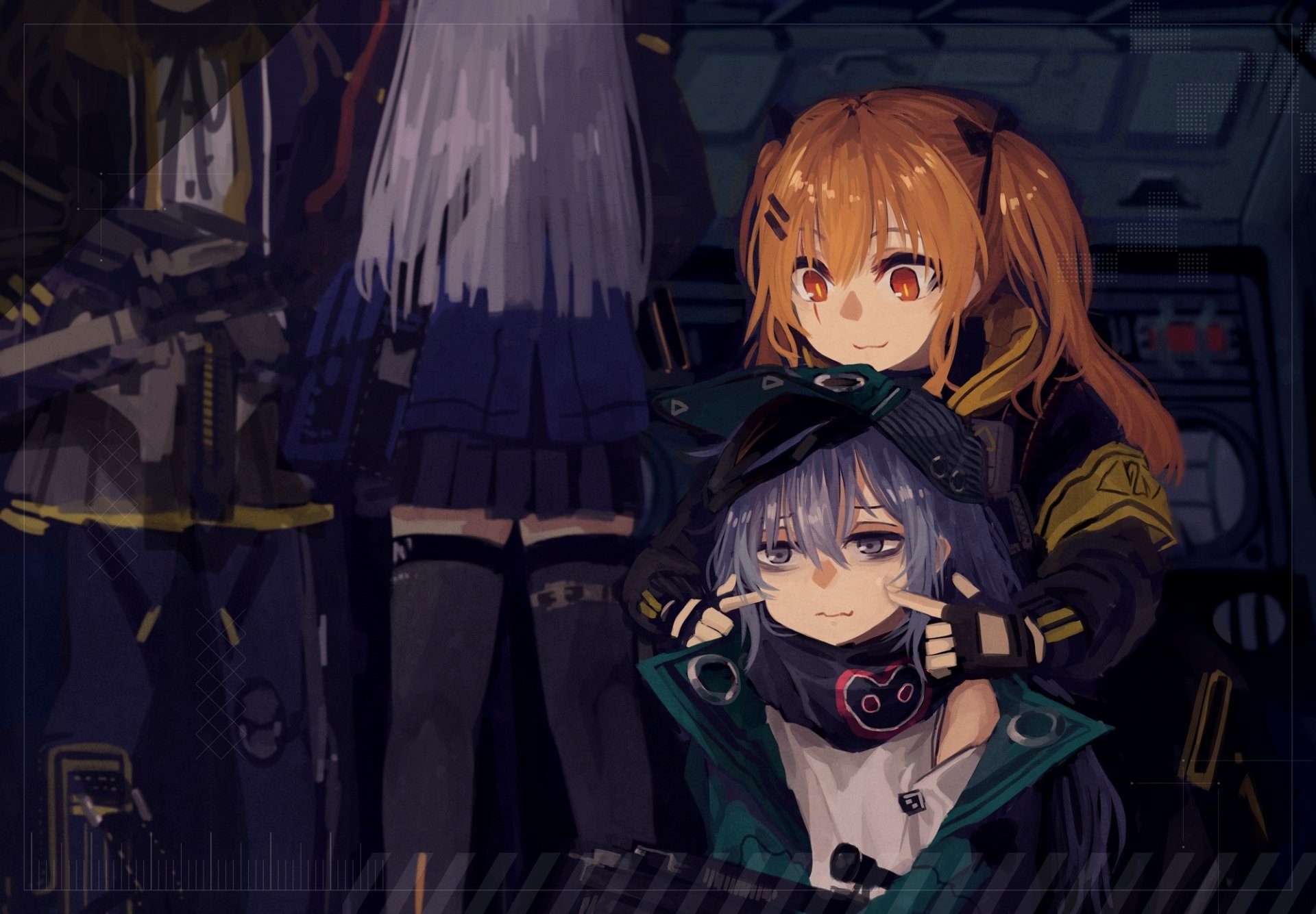 HD PC desktop wallpaper featuring UMP9, UMP45, HK416, and G11 from the Girls Frontline video game, depicted in a detailed, atmospheric anime-style scene.