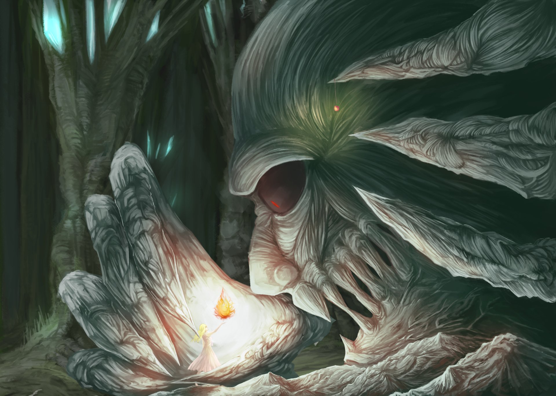 Anime-style original artwork depicting a mysterious, tree-like creature holding a small glowing flame in a dark forest, rendered in 4K Ultra HD for PC desktop wallpaper.