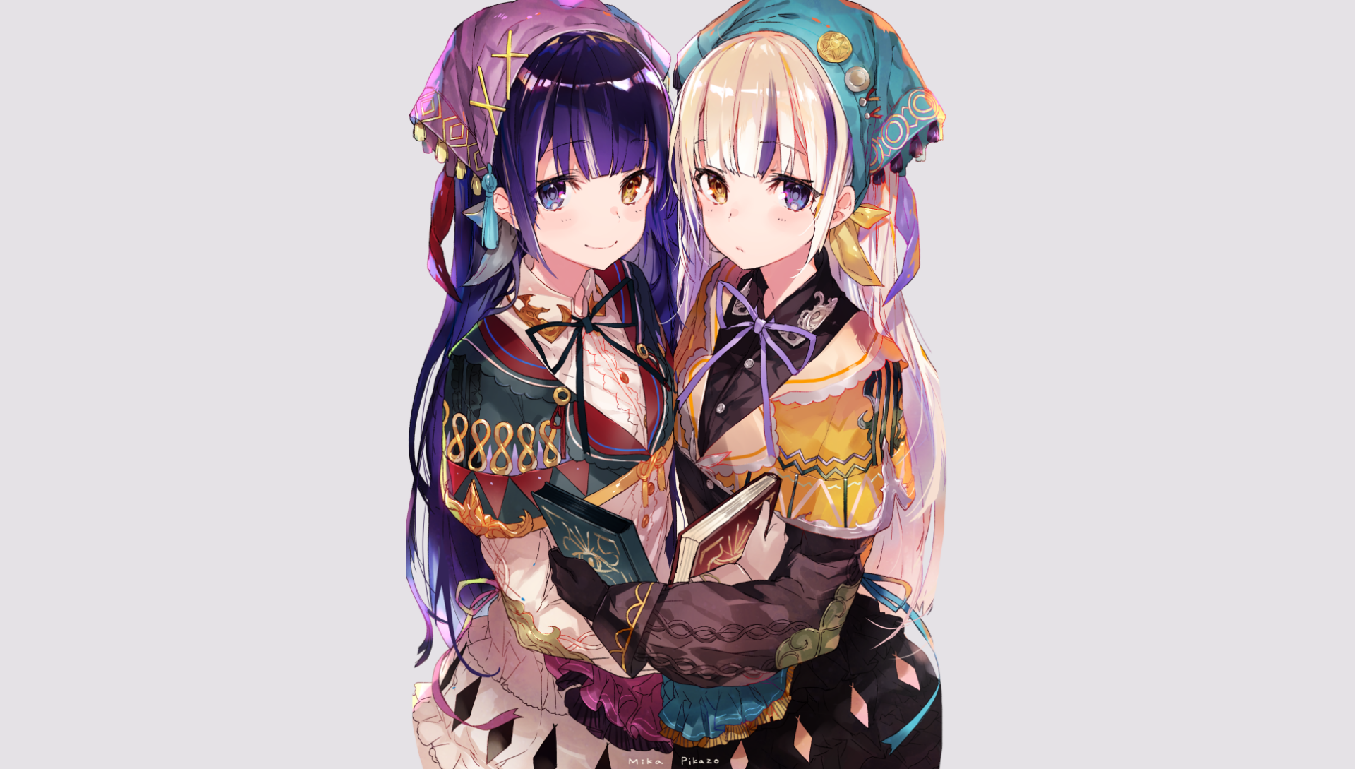 HD anime desktop wallpaper featuring two original characters with heterochromia, dressed in colorful, detailed outfits, holding books and standing close together.