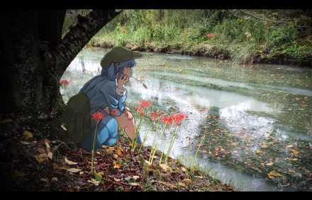 HD anime desktop wallpaper featuring Nitori Kawashiro from Touhou, sitting contemplatively by a river surrounded by red spider lilies and lush greenery.