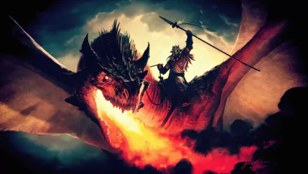 A vibrant fantasy scene depicting a dragon rider wielding a spear while soaring above fiery clouds, showcasing the intense bond between rider and dragon in stunning 4K Ultra HD.