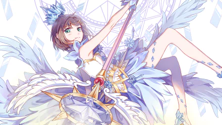 Sakura Kinomoto from Cardcaptor Sakura depicted in a detailed, vibrant 4K Ultra HD anime wallpaper with crystal and feather motifs.