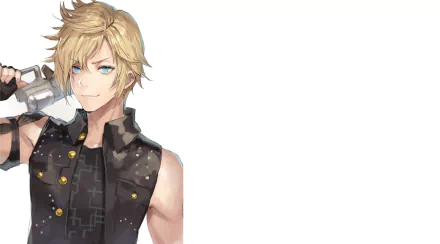 Prompto Argentum from the video game Final Fantasy XV — HD PC desktop wallpaper: half-body portrait of the blond, blue-eyed marksman in a black vest against a white background.