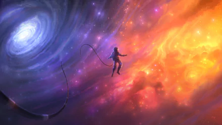 HD PC desktop wallpaper of an astronaut floating in a vibrant nebula with swirling space colors, blending sci-fi elements and cosmic wonder in deep space.