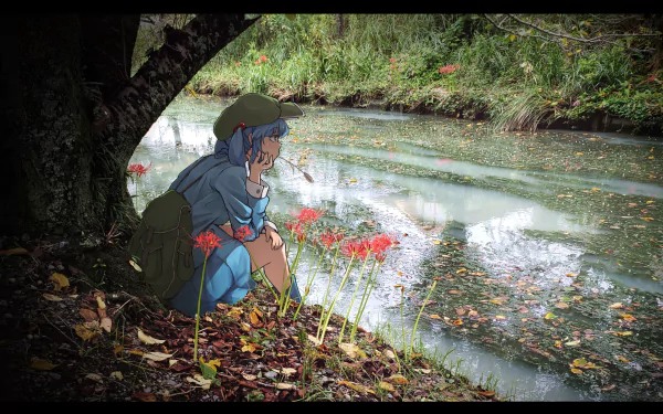 HD anime desktop wallpaper featuring Nitori Kawashiro from Touhou, sitting contemplatively by a river surrounded by red spider lilies and lush greenery.