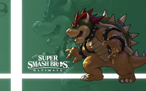 HD PC desktop wallpaper featuring Bowser from the video game Super Smash Bros. Ultimate, showcasing a detailed and dynamic character design on a green textured background.