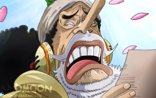 Close-up of Usopp (One Piece) with an exaggerated long nose and white mustache, clutching a letter as pink cherry blossom petals drift — 2K Quad HD anime PC desktop wallpaper.