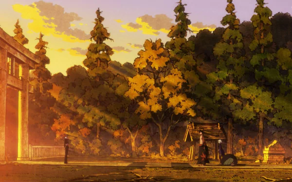 HD anime desktop wallpaper from Katanagatari featuring Togame and Shichika Yasuri in a tranquil forest setting at sunset.