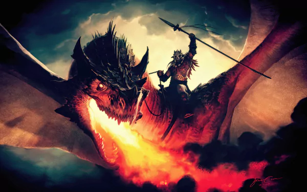 A vibrant fantasy scene depicting a dragon rider wielding a spear while soaring above fiery clouds, showcasing the intense bond between rider and dragon in stunning 4K Ultra HD.
