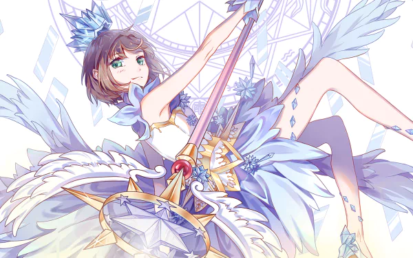 Sakura Kinomoto from Cardcaptor Sakura depicted in a detailed, vibrant 4K Ultra HD anime wallpaper with crystal and feather motifs.