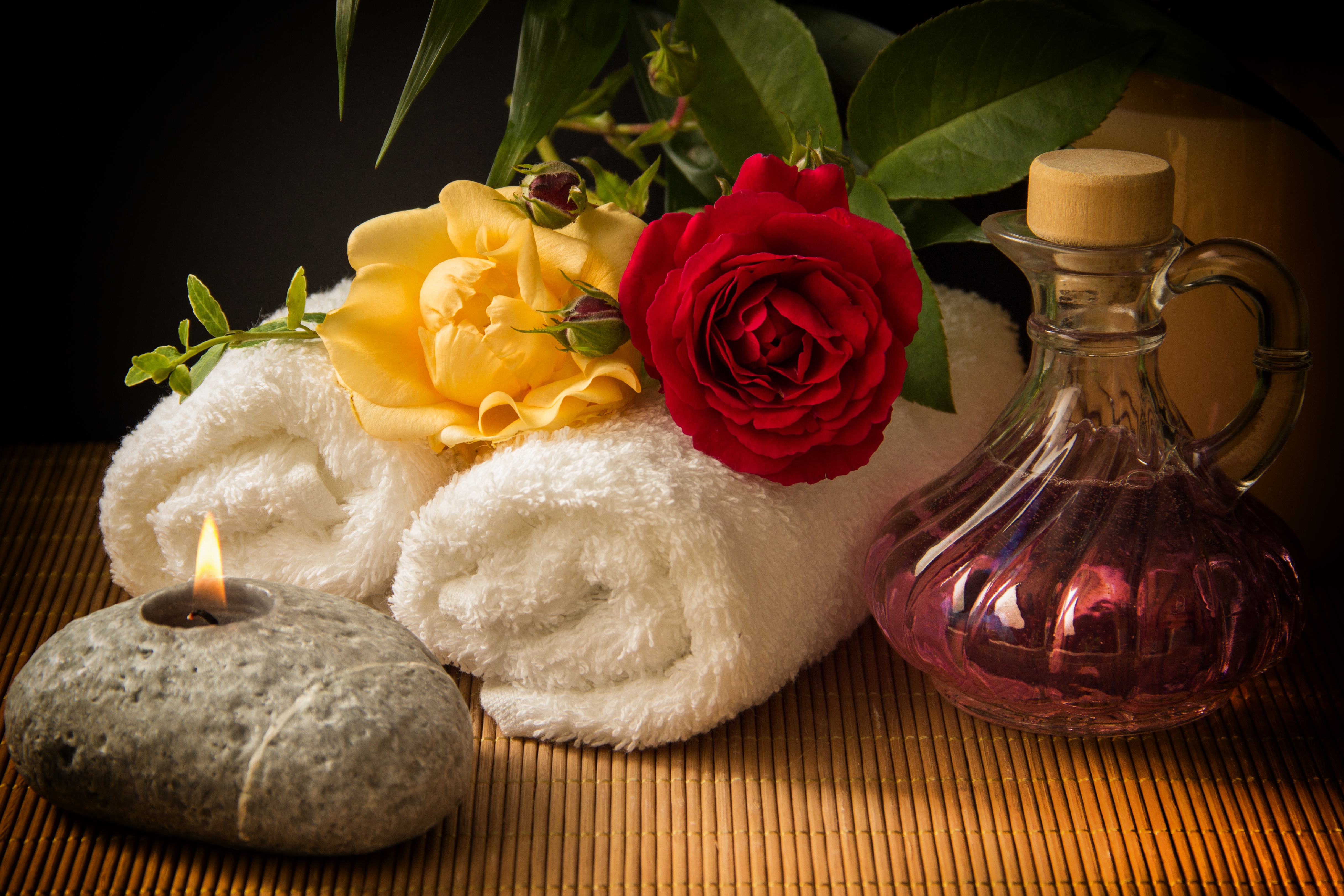 Download Still Life Red Rose Rose Flower Candle Towel Man Made Spa 4k