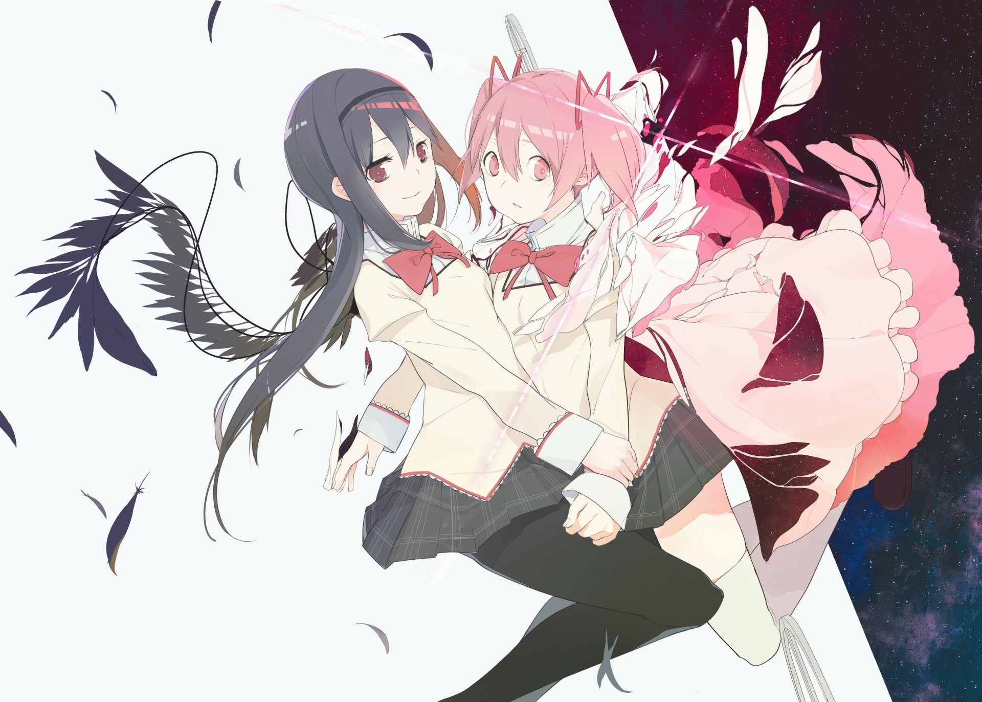 2K Quad HD PC wallpaper — Madoka Kaname and Homura Akemi (Puella Magi Madoka Magica) clasp hands, light and dark feathered wings, pastel pink and starry space background.
