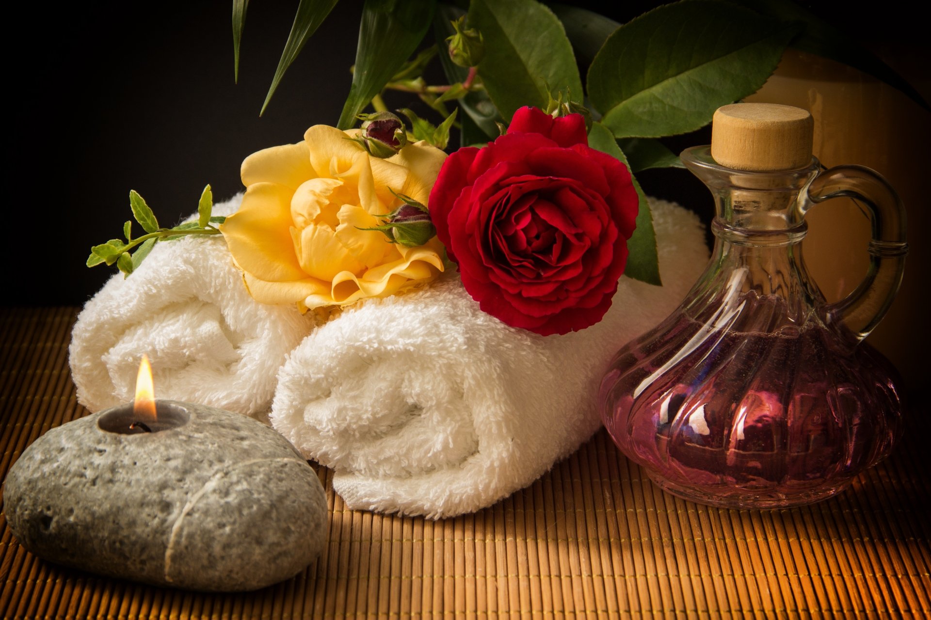Download Still Life Red Rose Rose Flower Candle Towel Man Made Spa 4k Ultra HD Wallpaper by Gundula Vogel