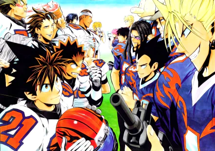 HD Anime desktop wallpaper featuring characters from Eyeshield 21, showcasing intense football players facing off on the field in vibrant team uniforms.