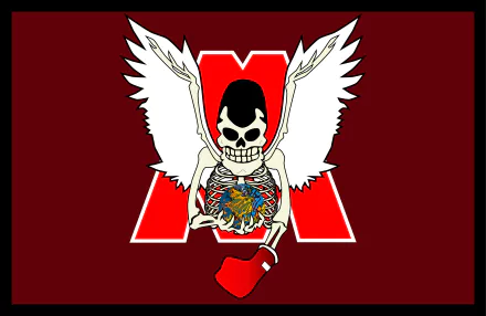 4K Ultra HD PC wallpaper of Mamoru Takamura (Hajime no Ippo): winged skull skeleton clutching a colorful dragon chest crest and a red boxing glove over a bold red M.