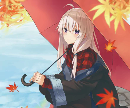 HD anime wallpaper featuring Elaina from Wandering Witch: The Journey of Elaina, holding a red umbrella with autumn leaves falling against a clear sky background.