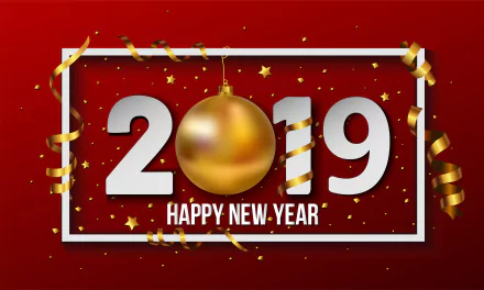 Festive 4K Ultra HD desktop wallpaper featuring gold and white 2019 with a golden bauble and confetti on a red background, celebrating the New Year holiday.