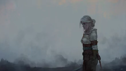 HD desktop wallpaper featuring Ciri from The Witcher 3: Wild Hunt, standing against a misty background.