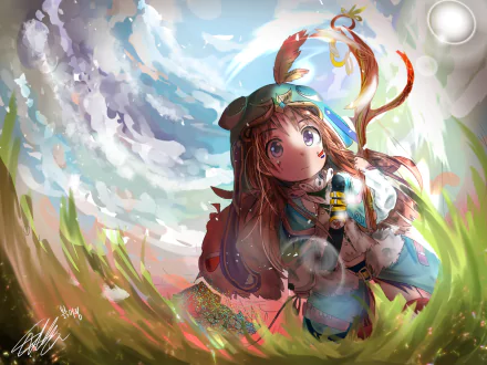 Anime-style original artwork featuring a girl in aviator goggles and colorful outfit surrounded by bubbles and dynamic skies, designed as an HD PC desktop wallpaper.