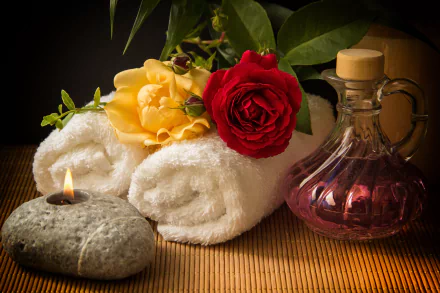 still life red rose rose flower candle towel man made spa HD Desktop Wallpaper | Background Image